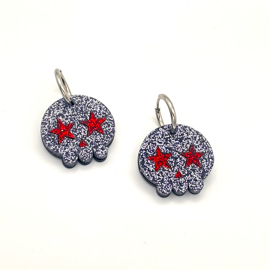 Pendientes de Calavera Kawai purpurina gris