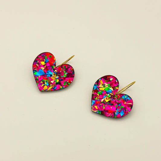 Pendientes Corazón Glitter Fucsia